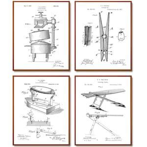 4 Vintage Laundry Room Decor Washing Patent Prints Cleaning Blueprint Washing Machine Patent Clothes Iron Patent Retro Inventions Wall Decor