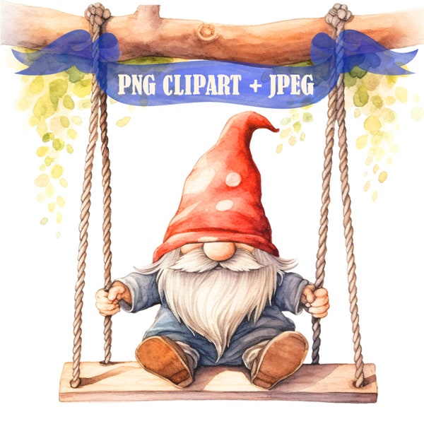 Gnome on a Swing Clipart Faceless Gnome Clipart Nordic Gnome Scandinavian Gnome PNG Christmas Designs Crafting Scrapbook Designs