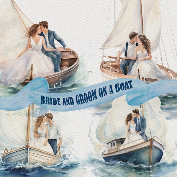 4 Bride and Groom on Boat Clipart Wedding Clipart Sailing Clipart Boating Clipart Couple in Love Clipart Just Married Clipart Newlyweds PNG