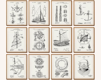 12 Vintage Sailing Patent Prints Boating Blueprint Nautical Poster Maritime Print Navigation Tools Patent Seafaring Art Seagoing Art