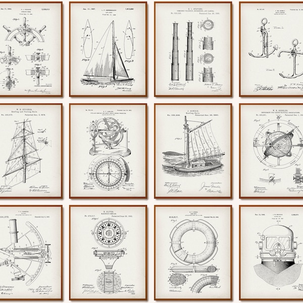 12 Vintage Sailing Patent Prints Boating Blueprint Nautical Poster Maritime Print Navigation Tools Patent Seafaring Art Seagoing Art