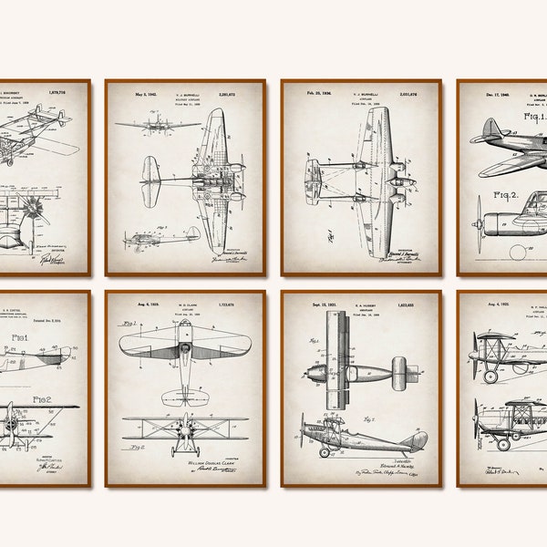 8 Vintage Airplane Patent Prints Aircraft Blueprint Air Force Art Biplane Scheme Poster Plane Lover Gift Airman Gift Aviation Art Boys Room