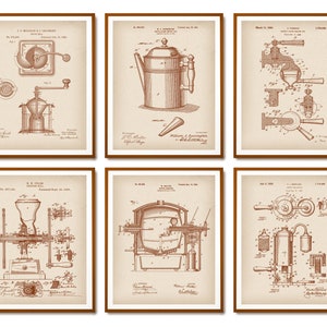 6 Coffee Making Equipment Patent Prints Grinding Mill Blueprint Roaster Scheme Art Coffee Percolator Patent Kitchen Wall Decor Barman Gift