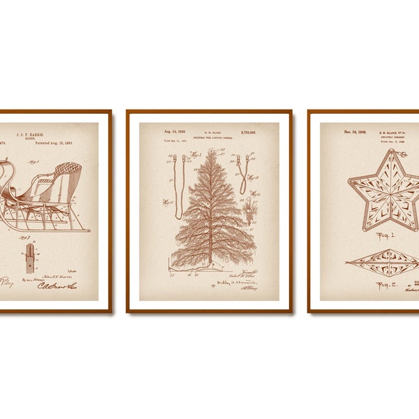 3 Christmas Wall Decor Vintage Patent Prints Christmas Ornament Blueprint Christmas Tree Scheme Santa Sleigh Patent Art Christmas Gift