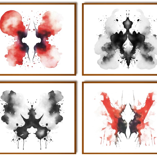 4 Rorschach Inkblot prueba arte, arte abstracto, sistema de pruebas psiquiátricas, arte de psicología, arte científico, arte médico, decoración del consultorio médico