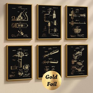 6 Woodworker Patent Prints Carpenter Blueprint Joiner Tools Poster Woodcrafting Art Technical Wall Decor Gold Foil Print