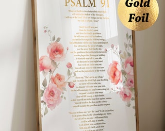 Psalm 91 Wall Art Christian Prayer Poster Bible Verse Religious Decor Floral Art Inspirational Quote Christian Gift Home Decor Gold Foil Art