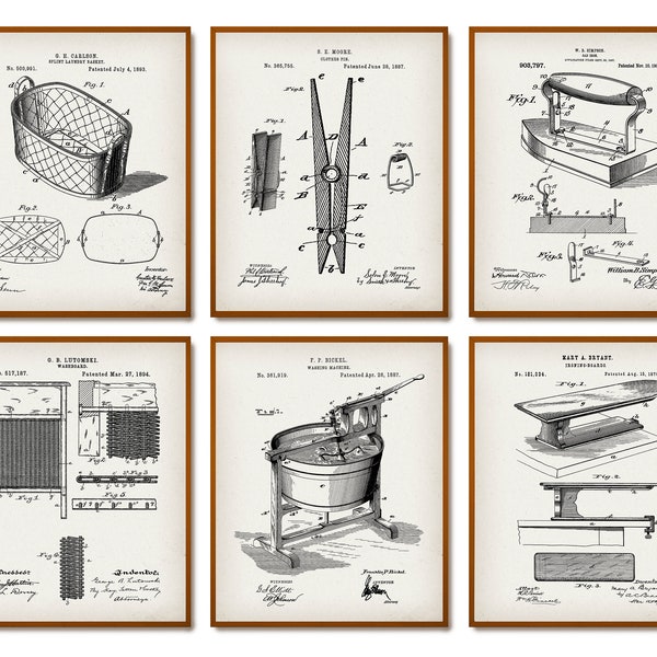 6 Vintage Laundry Room Patent Prints Mud Room Blueprint Clothespin Patent Washing Machine Patent  Washboard Patent Home Wall Decor