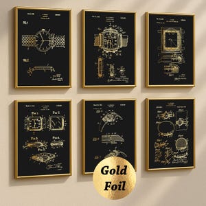 May include: A set of six framed wall art prints featuring gold-colored technical watch patent illustrations on black backgrounds. Each print displays detailed mechanical diagrams, dates, and patent numbers. A circular gold foil sticker is included.