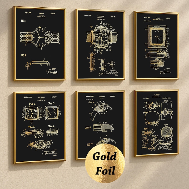 May include: A set of six framed wall art prints featuring gold-colored technical watch patent illustrations on black backgrounds. Each print displays detailed mechanical diagrams, dates, and patent numbers. A circular gold foil sticker is included.