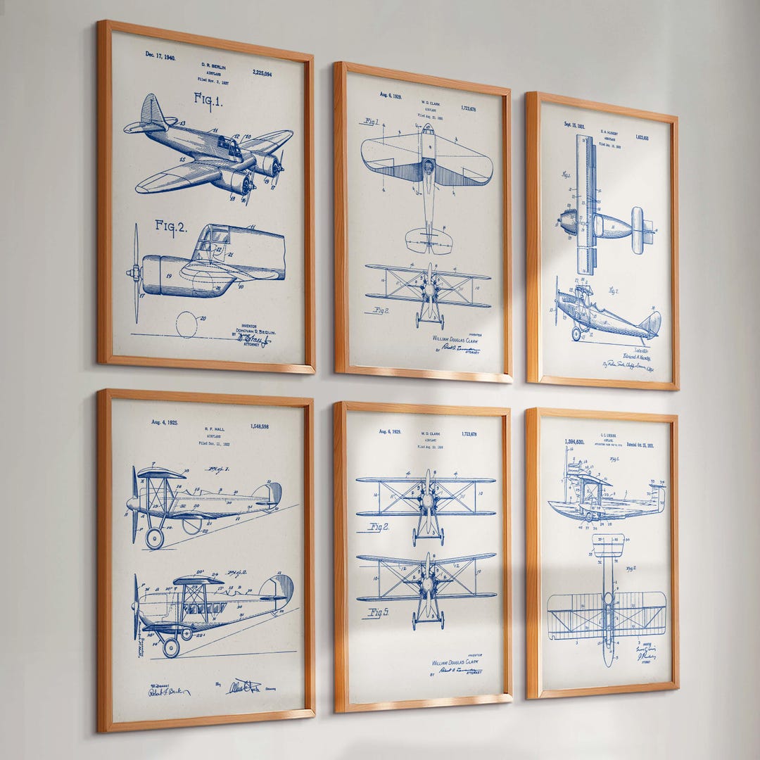Set 6 Vintage Airplane Patent Prints Aviation Blueprint Aircraft Art ...