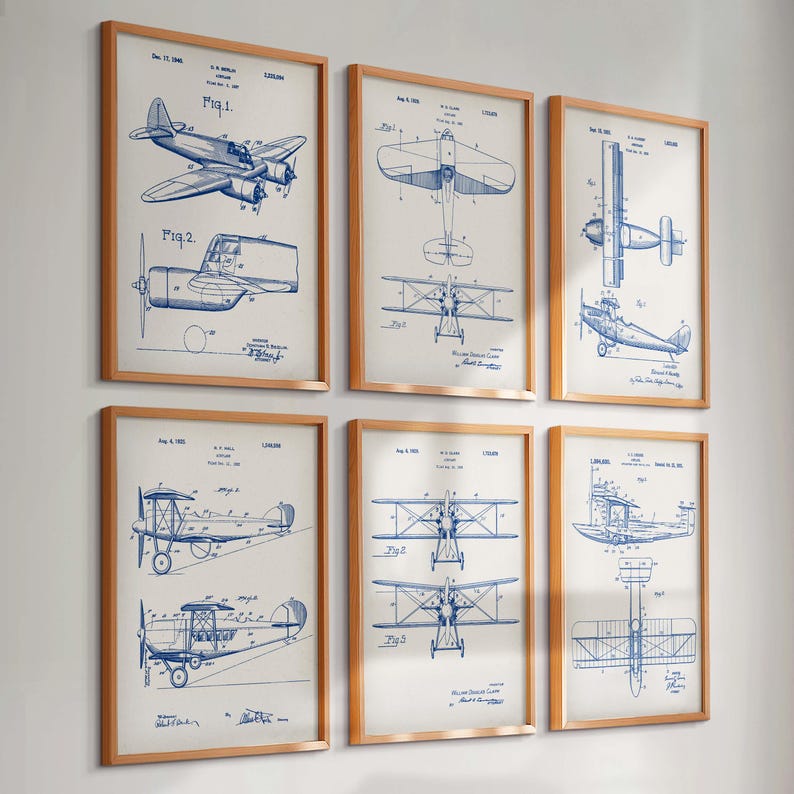 Set 6 Vintage Airplane Patent Prints Aviation Blueprint Aircraft Art ...