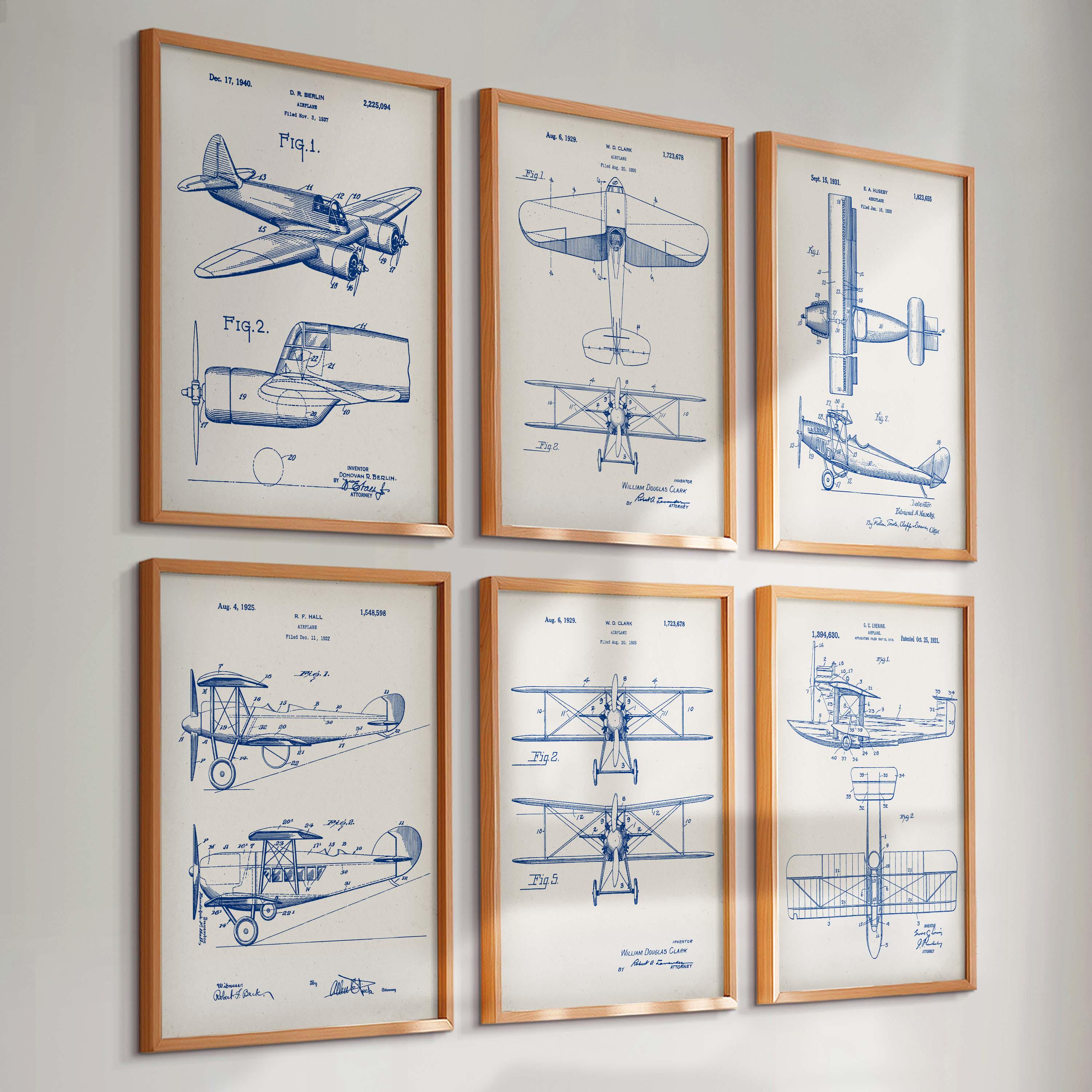 Set 6 Vintage Airplane Patent Prints Aviation Blueprint Aircraft Art ...