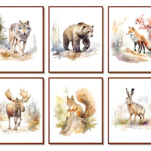 6 Watercolor Animal Art Forest Animal Painting Woodland Print Bear Art Wolf Art Hare Art Moose Art Squirell Art Fox Art Kids Room Decor