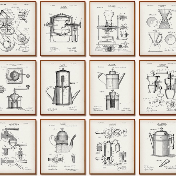 12 Stampe di brevetti per il caffè Attrezzature per la preparazione del caffè Cianografia Strumenti per la produzione di caffè Tecnologia del caffè Poster Arte delle bevande Arte delle bevande