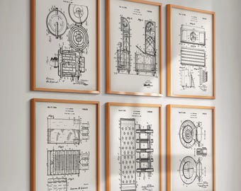 Set de 6 láminas vintage de patentes de sistemas de climatización: planos de sistemas de ventilación y aires acondicionados. Regalo ideal para técnicos de climatización e ingenieros de aire acondicionado.