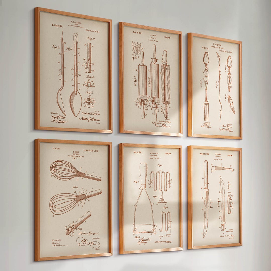6 Vintage Kitchen Patent Prints Chef Tools Blueprint Kitchen Wall Decor ...