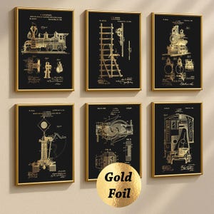 6 Railroad Patent Prints Train Blueprint Locomotive Railway Patent Transport Patent Train Driver Gift Boys Room Decor Gold Foil Print