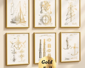 6 Segel-Patentdrucke, Segelboot-Bauplan, nautische Wanddekoration, Ankerdruck, maritime Kunst, Geschenk für Segler, Strandhausdekoration, Goldfoliendruck