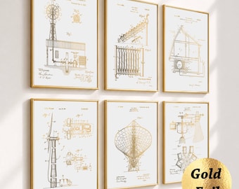 6 patenttekeningen voor hernieuwbare energie, groene energie, vintage blauwdruk, zonne-energie, windenergie, technische tekening, goudfoliedruk