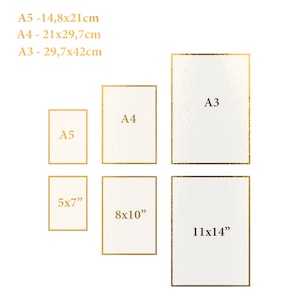 May include: Six white rectangular prints with gold borders arranged in two rows. The top row shows A5, A4, and A3 sizes with metric dimensions listed. The bottom row displays 5x7, 8x10, and 11x14 inch sizes. Each print is labeled with its specific size.