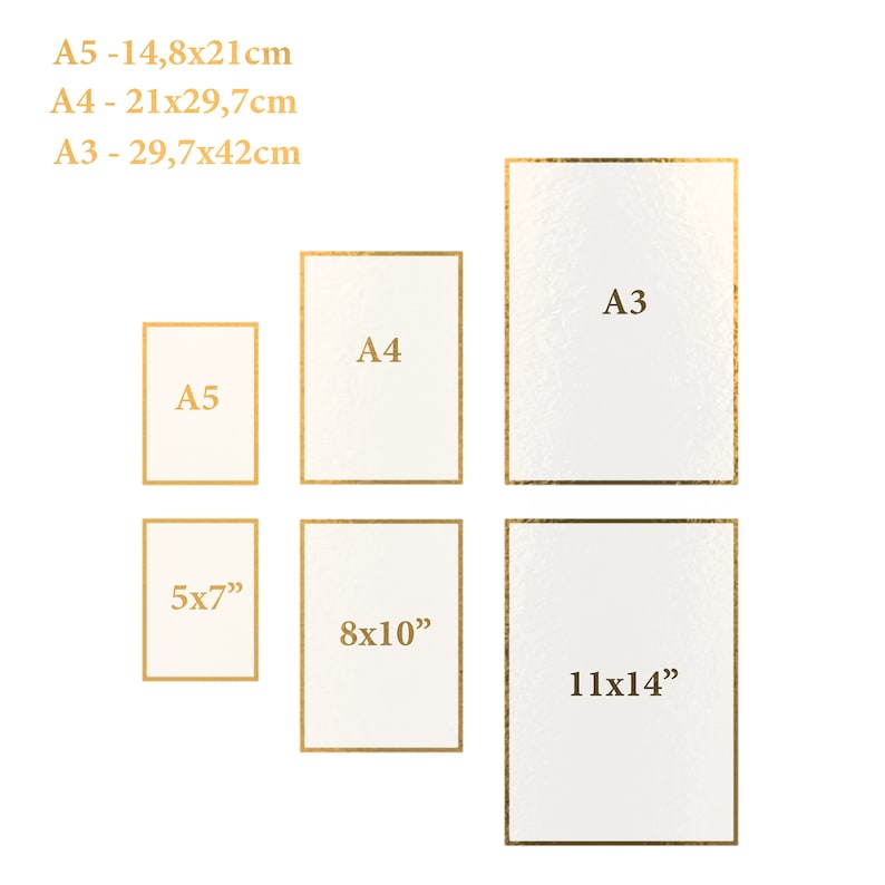 May include: Six white rectangular prints with gold borders arranged in two rows. The top row shows A5, A4, and A3 sizes with metric dimensions listed. The bottom row displays 5x7, 8x10, and 11x14 inch sizes. Each print is labeled with its specific size.