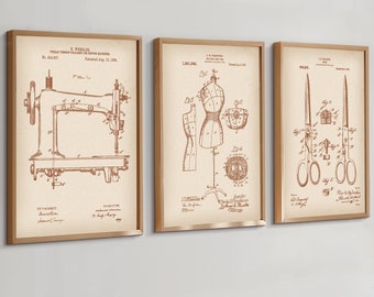 3 Sewing Blueprints Vintage Crafting Patent Prints Sewing Machine Art Fashion Art Boutique Poster Craft Room Wall Decor Seamstress Gift