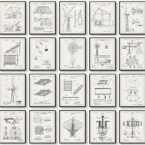 20 klare Energie Patent Drucke Green Power Blueprint Erneuerbare Energie Solarenergie Flügelenergie Wellenenergie Poster Ingenieur Geschenk Wissenschaft Kunst