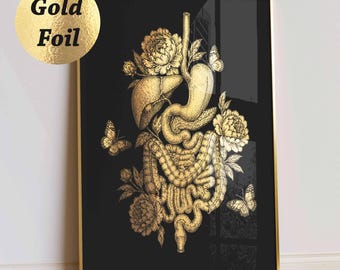 Verdauungssystem und Pfingstrose Druck, Floral Anatomie Kunst, Medizinisches Poster, Gastroenterologe Geschenk, Arzt Büro Dekor, Goldfolie Druck