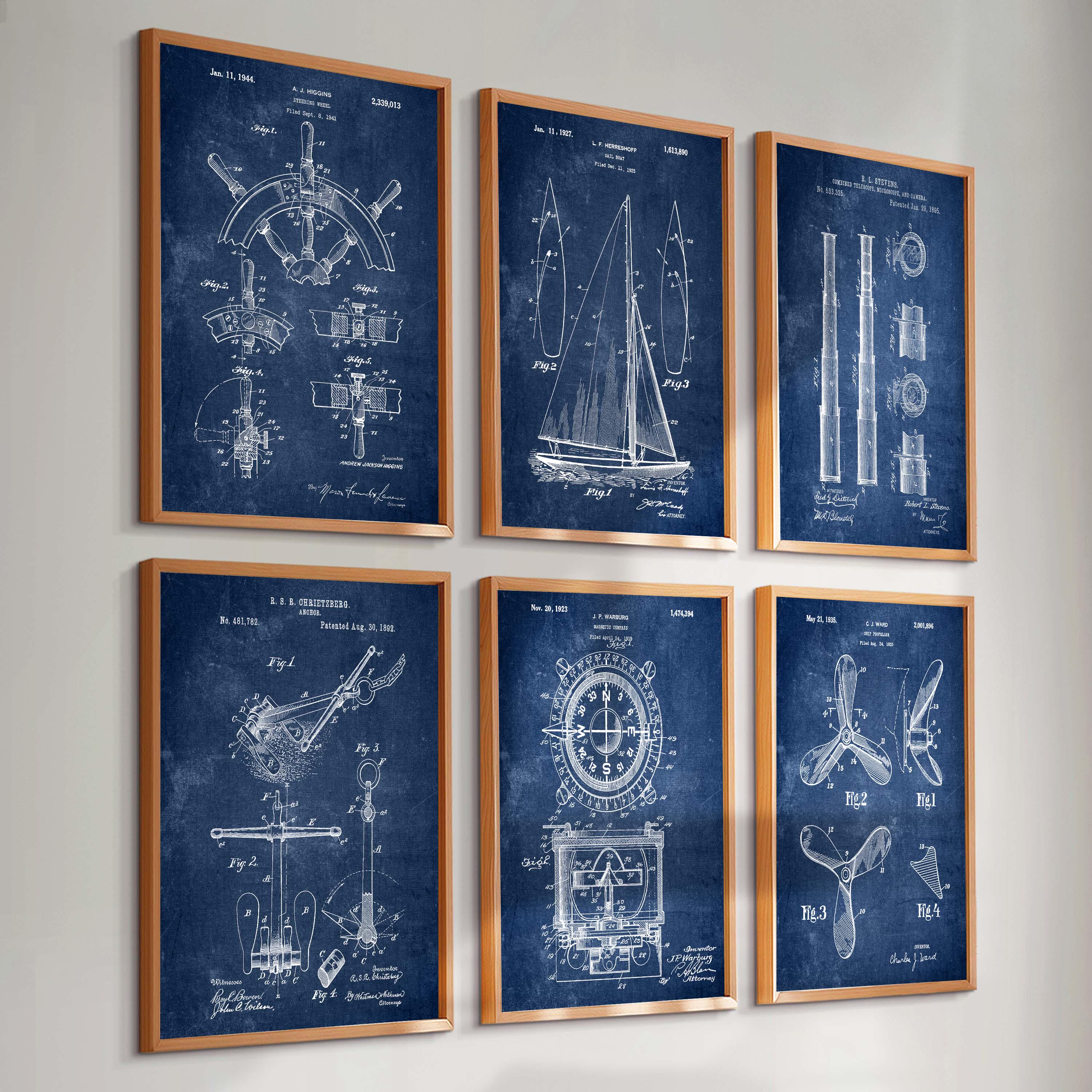 6 Nautical Patent Prints Sailing Blueprint Marine Art Boat Patent Print ...