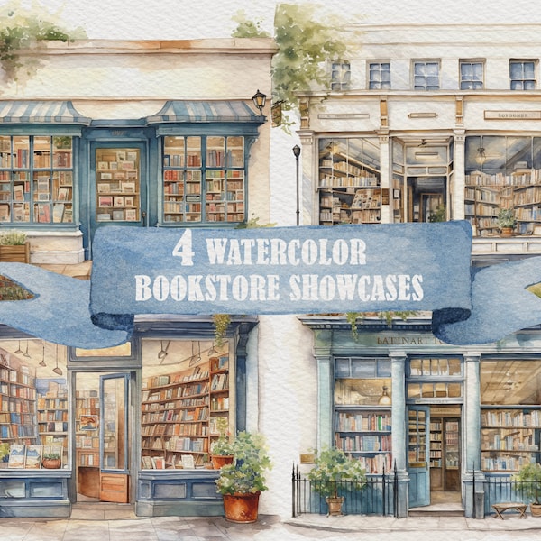 4 Watercolor Book Store PNG Clipart Bookshop Showcase Painting Shop Exterior Art Storefront Art Vintage Art Provence Art Books Lover Gift