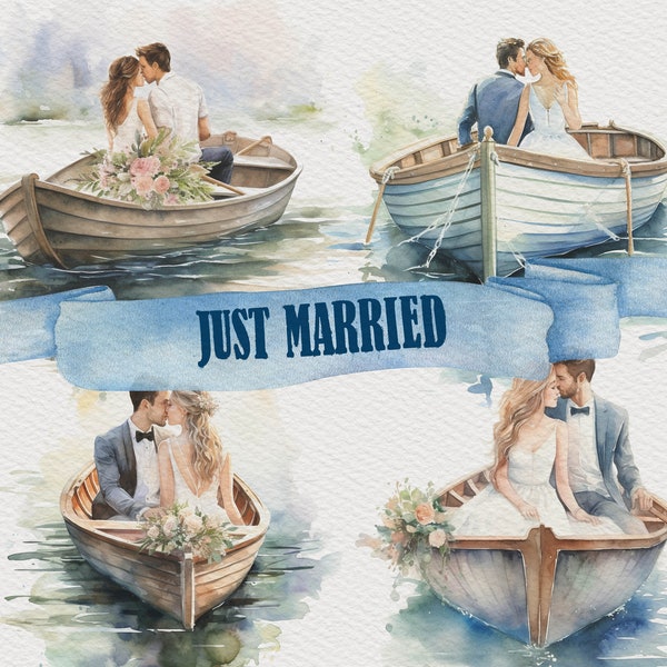 4 Couple de mariage juste marié sur un bateau Clipart mariée et le marié voile Art mariage Clipart mariage cérémonie Clipart mariage dessins Art