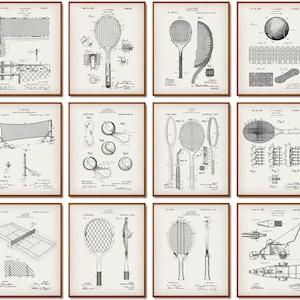 12 Vintage Tennis Patent Prints Game Blueprint Tennis Racket Patent Tennis Ball Patent Sports Equipment Game Room Decor Tennis Player Gift