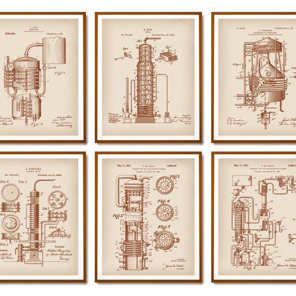 6 Whisky Still Patent Prints Distilling Equipment Blueprint Whiskey Manufacture Poster Alcohol Technology Scheme Bar Wall Decor
