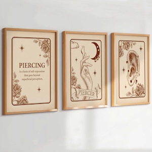 3 piercings tarotposter set vintage tattoo piercing studio muur kunst piercing grafiek occult geïnspireerde body mod prints
