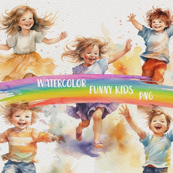 5 Funny Kids Clipart Smiling Child PNG Happy Boys and Girls Painting Jumping Children Art Childhood Art Birthday Designs Sublimation Idea