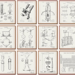 12 Vintage Chemistry Patent Prints Laboratory Tools Blueprint Pharmacy Device Poster Science Equipment Poster Chemist Gift Scientist Gift
