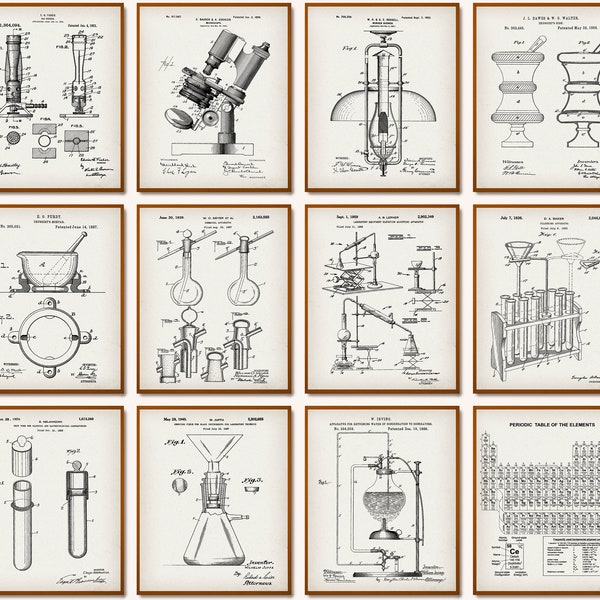 12 Vintage Chemistry Patent Prints Laboratory Tools Blueprint Pharmacy Device Poster Science Equipment Poster Chemist Gift Scientist Gift