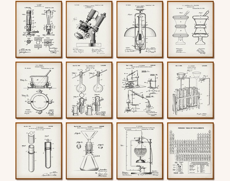 12 Vintage Chemistry Patent Prints Laboratory Tools Blueprint Pharmacy Device Poster Science Equipment Poster Chemist Gift Scientist Gift image 1