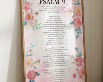 Psalm 91 Poster Christian Gift Bible Verse Print Prayer Art Scripture Art Floral Art Religious Poster Inspirational Saying Home Wall Decor