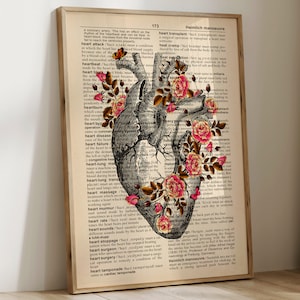 Corazón anatómico, arte anatómico vintage, arte médico, arte de diccionario, arte floral, regalo para cardiólogo, regalo para cirujano cardíaco, graduación de médico