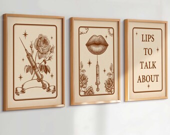 3 Lip Filler Tarot Poster Set Vintage Aesthetic Wall Art Lips Syringe Lips to Talk About Quote Beauty Salon Decor Cosmetic Art Print Set