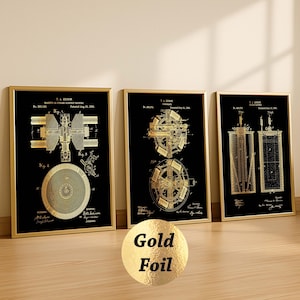 3 Edison Patent Prints Edison Inventions Blueprint Technical Art Industrial Art Phonograph Print Electrician Gift Engineer Gift Gold Foil