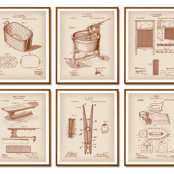 6 Laundry Room Patent Prints Washing Blueprint Cleaning Art Vintage Washing Machine Scheme Iron Patent Washboard Patent Wall Decor