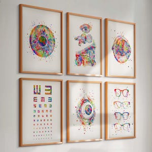 Könnte beinhalten: Sechs gerahmte Kunstdrucke mit Aquarellillustrationen der Augenanatomie und Sehtafeln. Die Drucke zeigen farbenfrohe Darstellungen der Iris, Augendiagramme und Brillen, mit einem Holzrahmen.