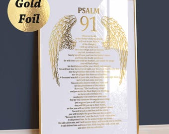 Psalm 91 Art Angel Wings Print Gods Protection Christian Psalm Bible Verse Religious Art Catholic Gift Home Wall Decor Gold Foil Print
