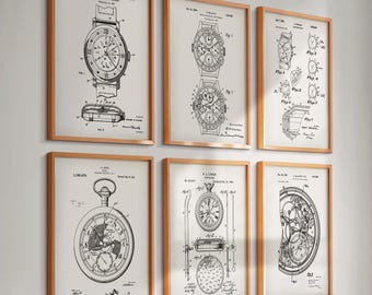 6 Vintage Wristwatch Patent Prints Analog Watch Blueprint Chronometer Patent Watchmaker Gift Horologer Gift Watch Repairer Gift