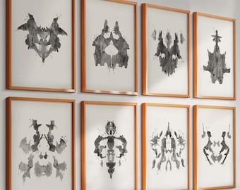 Juego de 8 carteles vintage de la prueba de Rorschach, acuarela, prueba de manchas de tinta, psiquiatría, arte científico, regalo para psicólogos, decoración de oficina de psicología.
