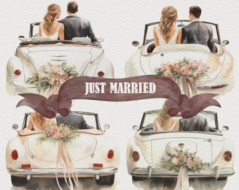 4 Just Married Clipart Bride and Groom in Car Back View Clipart Wedding Clipart Bridal Clipart Marriage Clipart Wedding Ceremony Traditions