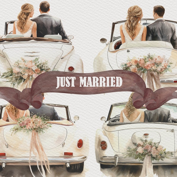 4 Just Married Clipart Bride and Groom in Car Back View Clipart Wedding Clipart Bridal Clipart Marriage Clipart Wedding Ceremony Traditions